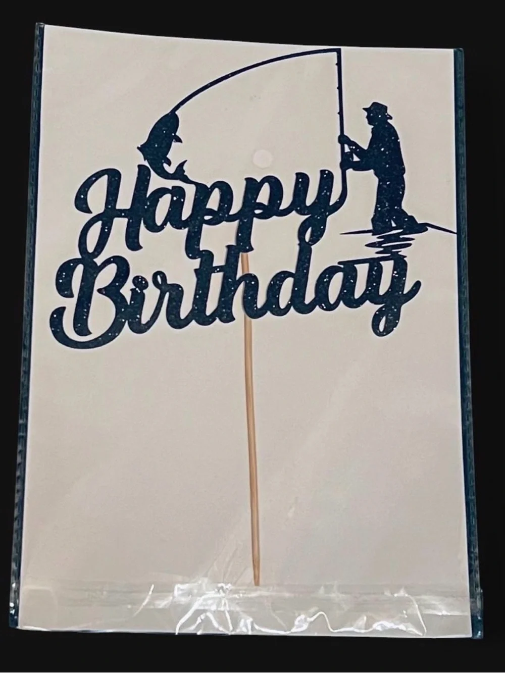 Glitter Navy 'Happy Birthday' Fishing Cake Topper